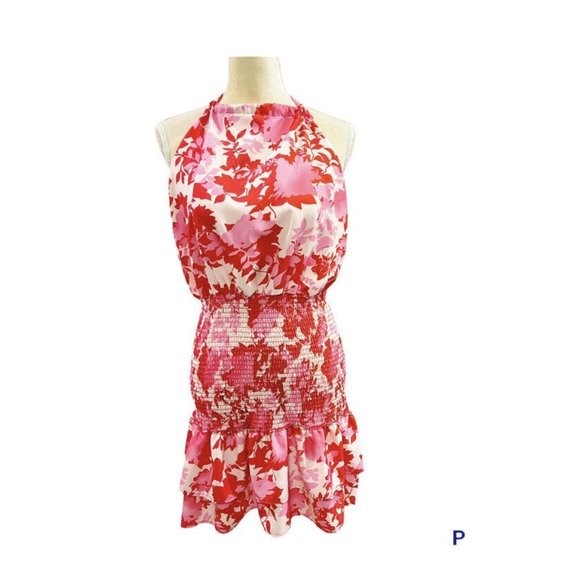 Fiji Fever Pink/Red Floral Smocked Ruffled Hem Mini Dress Medium Barbie Core - Picture 2 of 10